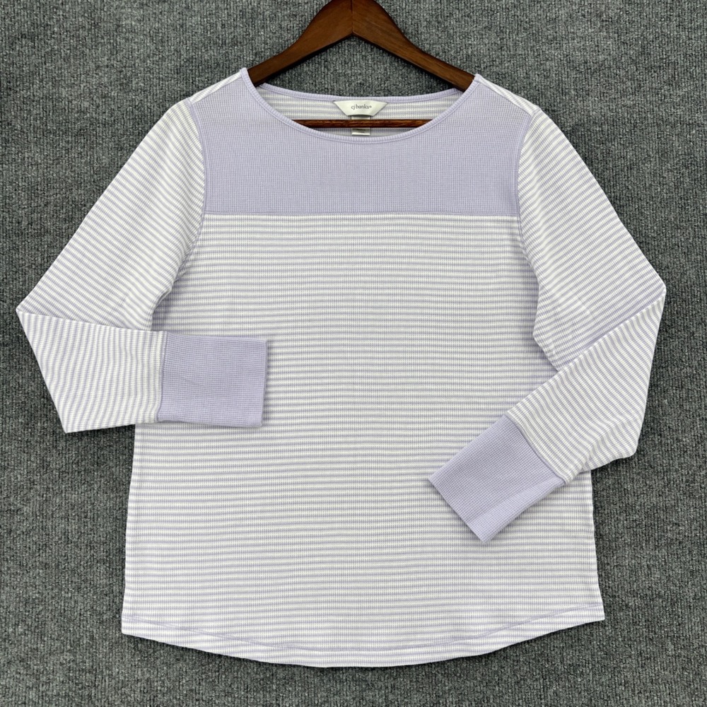 CJ Banks Waffle Knit Top Womens X Purple Striped Long Sleeve Boat Neck Casual